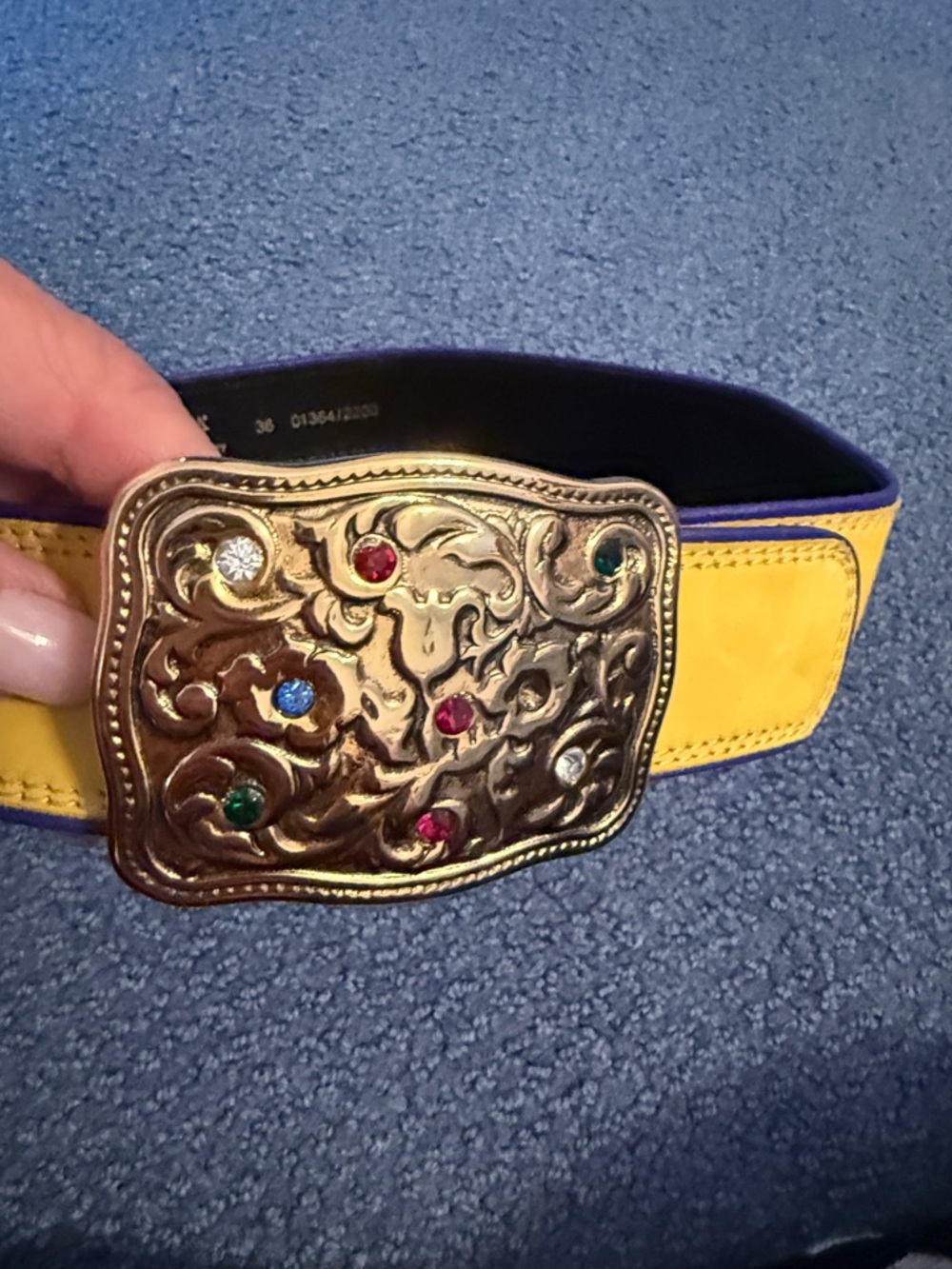 Escada Yellow Leather Belt with Purple Edge and Jeweled Gold Buckle - Picture 3 of 3